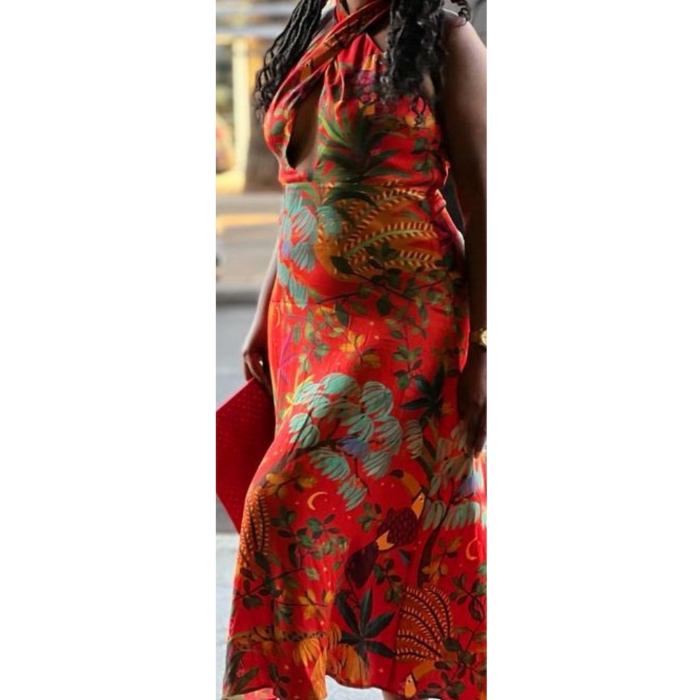 FARM Rio x Anthropologie Red Colorful Halter Slip Dress Small Petite - Picture 4 of 5